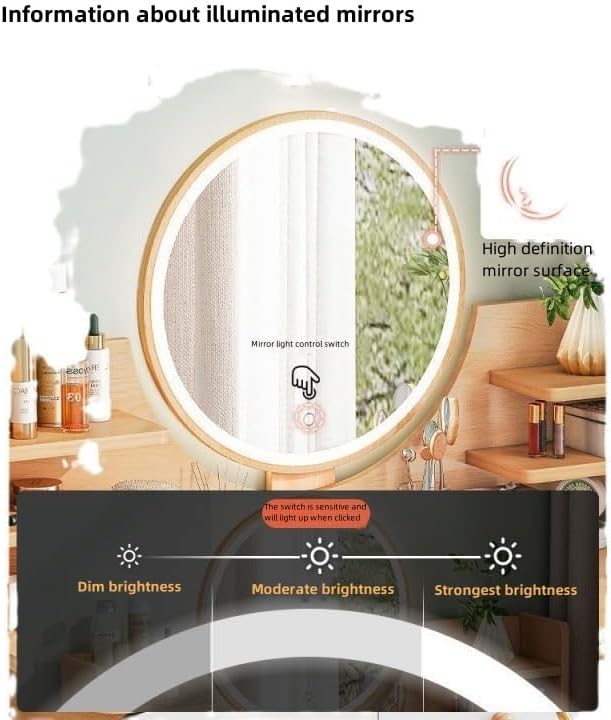 木製化妆镜台套装，附椅子和LED灯，简易设计60cm，适合化妆与美容护理 (80cm,ナチュラル)