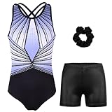 MODAFANS Gymnastics Leotards for Girls with Shorts Sparkly Set Cross Back Activewear 12-13Years,Bluish-black Diamond
