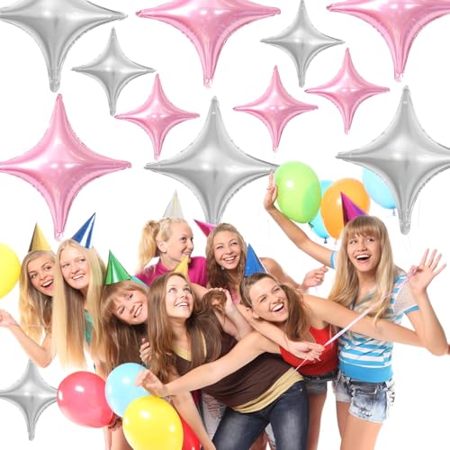 Image of Pink Silver Star Balloons,12Pcs Four Angle Star Foil Balloons,26Inch and 10Inch Pink Silver Quadrangle Helium Balloon for Birthday Anniversary Baby Shower Wedding Party Decorations
