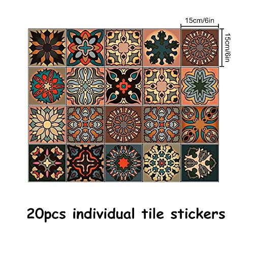 20pcs Moroccan Style Tile Stickers, Brown Kitchen Bathroom Wall Tile Stickers Peel and Stick on Tile Transfers Covers Decals Self Adhesive Vinyl Waterproof Vintage Mosaic Art (15cm x 15cm, 6x6 inches)
