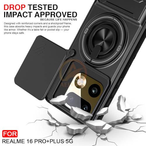 Image of Realme 16 Pro Plus 5G Back Cover | Armor Camera Slider 360 Degree Rotating Finger Ring Holder Case with Bracket Stand Back Case Cover (Compatible with MagSafe Accessories) (Black)
