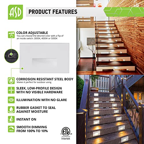 Asd Led Step Light Fixture | Recessed Stair Wall Lighting | 3W 120V 115Lm 3000K/4000K/5000K Switch 50000+ Hour Lifespan | Dimmable, Outdoor&Indoor Use, Waterproof, Etl | White, 4 Pack #TOP1