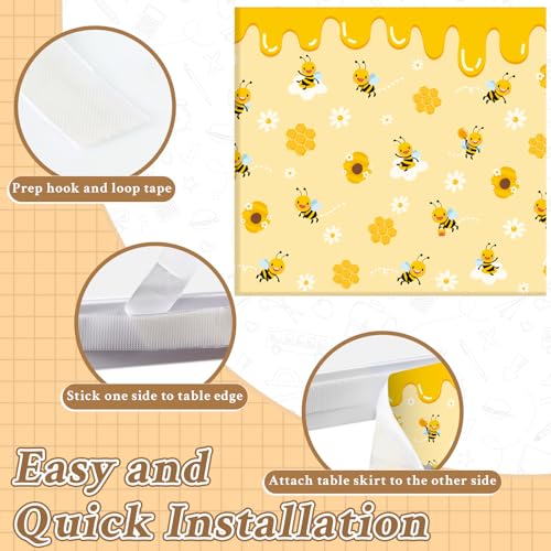 Image of 9FT Honey Drip Bee Table Skirt Bumblebee Teacher Desk Skirt Classroom Table Cover for Back to School Decor Rectangle Tablecloth for Farm Birthday Party Decorations Home Dorm Office Bookcase Cabinet