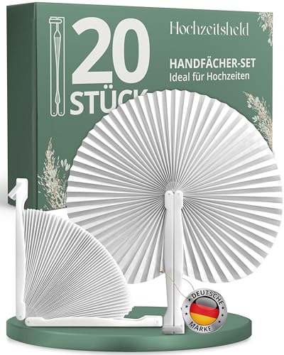 HOCHZEITSHELD Fächer Hochzeit 20 Stück - Faltbare Handfächer zur Erfrischung der Gäste - Papierfächer Hochzeit als Hochzeitsdeko & Standesamt Deko Weiße Fächer als Hochzeit Deko & Hochzeitsgeschenk