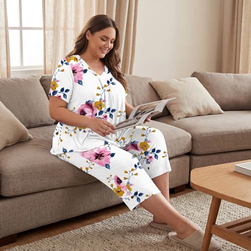 Image of Bestbee Women's Pajama Sets 2 Piece Lounge Outfits Summer Sleepwear V Neck Short Sleeve Capri Pant With Pockets Ladies Pjs