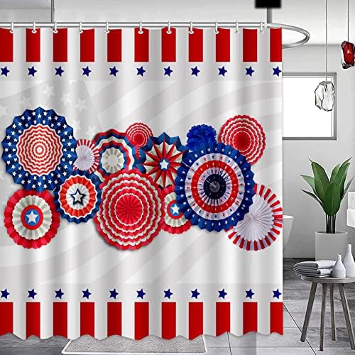 APROPHIC 4th of July Shower Curtain for Bathroom Patriotic Independence Day American Flag Star Swirl Decoration Pom Poms Flowers Shower Curtain Set with Hooks 72''X72''