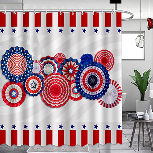 Aprophic 4Th Of July Shower Curtain For Bathroom Patriotic Independence Day American Flag Star Swirl Decoration Pom Poms Flowers Shower Curtain Set With Hooks 72''X72'' #TOP2
