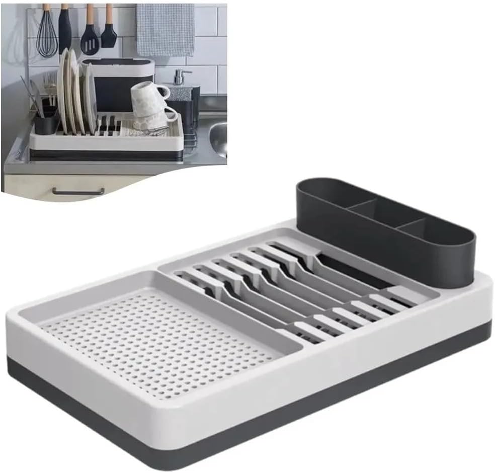 MallArt® Bulaşıklık Tezgah Üstü Tabaklık & Bardaklık – Kaşıklık Bölmeli Mutfak Kurutmalık, Büyük Boy Bulaşık Kurutma Rafı, Damlalıklı Organizer (42x26x12 cm)