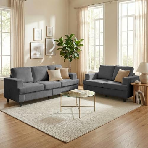 Image of Mjkone 82 inch Width 2 Pieces Living Room Sofa Sets, 3 Seater Sofas Couch and Loveseat Set, Sofas Couches Living Room Furniture Sets, Sectional 3-Seat Sofa + Loveseat Couch Set for Home Office, Light Grey