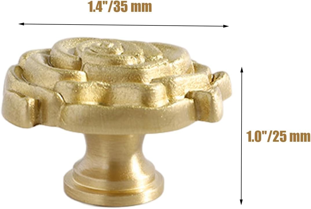 4PCS Rose Flower Knobs, Brushed Gold Cabinet Knobs Vintage Knob Flower Shape Decorative Brass Hardware Single Hole Handls Pulls for Drawer Dresser Cupboard