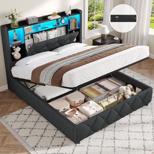 Brinlawb 4ft6 Double Ottoman Bed Frame with Charging Station & LED Lights Double Bed Frame with Hydraulic Lift Mechanism Upholstered Storage Headboard Lift-Up Underbed Storage Easy Operation Grey