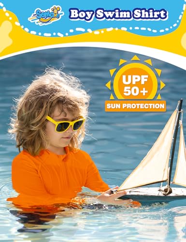 Boys Rash Guard Long Sleeve UPF 50+ Swim Shirts Zipper Kids Sun Protection Fishing Water Beach Surfing Shirt Neon Orange 5T3