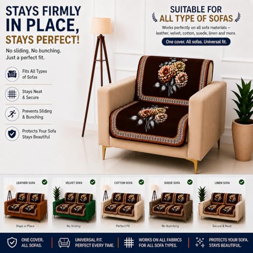 Image of Homerz 'Brooklyn Series' Premium Sofa Cover | Quilted Floral Design | Non-Slip Washable Sofa Protector | Soft Anti Slip Fabric (Brown, 1 Seater, Seat Cover with Backrest)