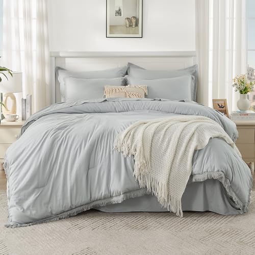 Image of Andency Light Grey Full Size Comforter Set with Sheets - 7 Pieces Boho Tassel Bed in a Bag Soft Lightweight Bedding Sets, Light Grey Fringe Bed Set with Comforter, Sheets, Pillowcases & Shams