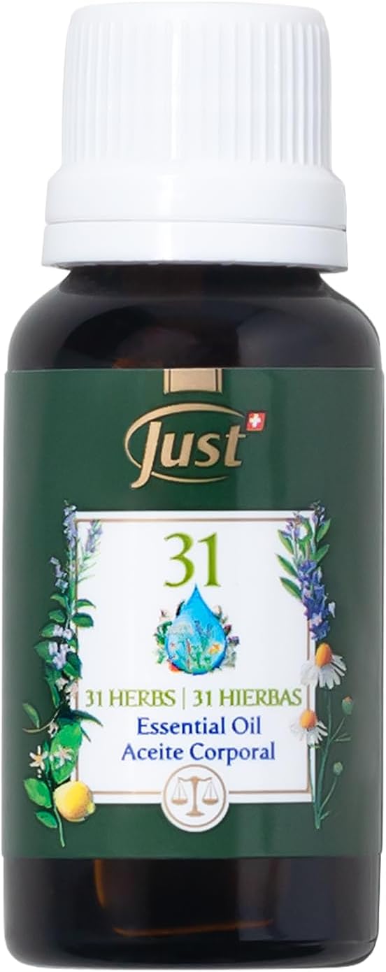 Swiss Just - Oil 31-20ml Bottle - Essential Oil Blend - Ideal for Massage, Bath, and Aromatherapy