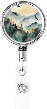 Mountain Birds Watercolor Retractable Id Badge Holder Badge Reels with Clip Cute Name Card Holder for Office Worker Doctor Nurse Teacher