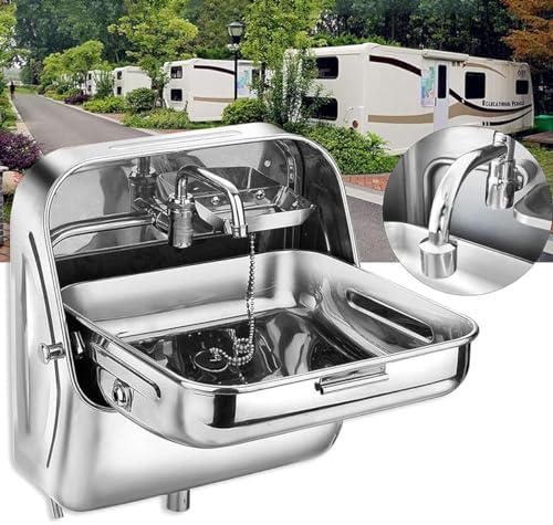 RV Wall-Mounted Sink,RV Sink Hand Wash Basin Sink, Folding RV Caravan Sink Stainless Steel Bathroom Sink with Cold Water Faucet, Wall Mount Small Outdoor Sink for RV Camper Kitchen