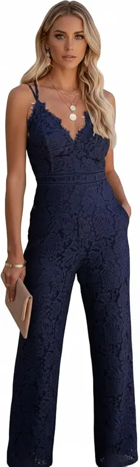 Macacão Branco Feminino Longo Pantalona Elegante Alfaiataria Casamento Civil Noiva-Macacao Social Renda Preto Bordô Azul Festa Reveillon Ano Novo (BR, Alfa, XG, Regular, Regular, Azul-Escuro)