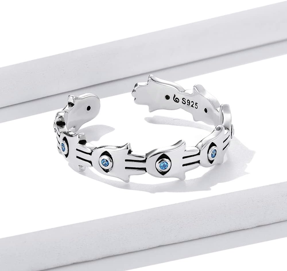 Hamsa Evil Eye Hand Blue CZ 925 Sterling Silver Open Adjustable Statement Rings for Women Dainty Band Tail Stackable Crystal Finger Ring Personalized Fashion Jewelry Gifts Bff Birthday Daughter - Image 2