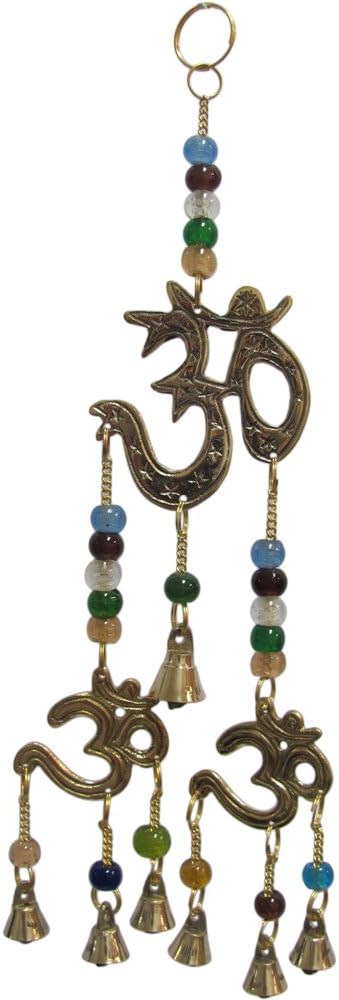 Brass Three Om Yoga Meditation Feng Shui Decorative Good Luck Home & Garden Wall Hanging Seven Bell Wind Chime w/Beads
