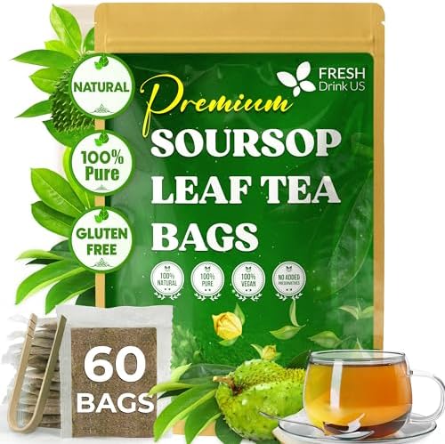 FreshDrinkUS, 60 Premium - The Top Soursop Graviola Leaf Tea Bags, 100% Pure & Natural from Soursop Leaves, Handmade, Made With Natural Materials-Corn Fiber Tea Bag, Sugar/Caffeine/Gluten Free, Hoja Guanabana Tea