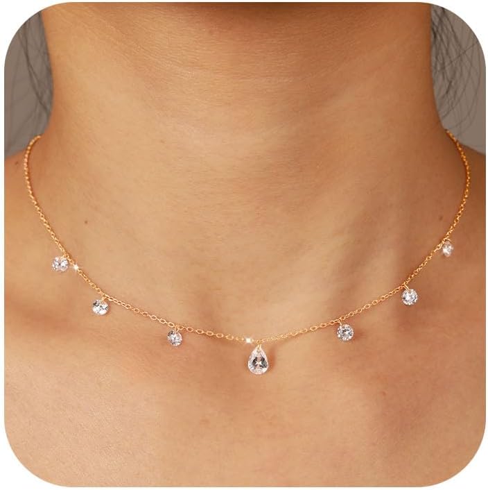 XAYAH 14k Champagne Gold Plated Teardrop Zirconia Necklace for Women 925 Sterling Silver Dainty Diamond CZ Choker Drop Necklaces to Daughter Mom Elegant Trendy Charm Chain Valentine's Day Jewelry Gift