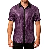 Camisa de Hombre-Camisa Disco Manga Corta con Solapa Top Lentejuelas para Salir Noche Discoteca Hombre Elegante (Purple, S)