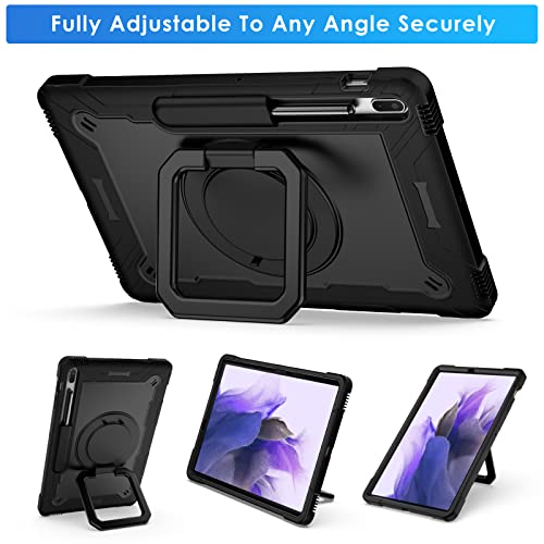 Detuosi 360 Rotating Hybrid Case For Samsung Galaxy Tab S7 Fe 5G/ S8+Plus/ S7 Plus 12.4" With Pencil Holder & Shoulder Strap, 360 Degree Swivel Kickstand Heavy Duty Hybrid Bumper Protective Kids Cover #TOP3