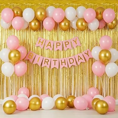 Flyloons Pink, Gold, White Birthday Balloons, Banner, Curtain & Ribbons Set of 52pcs for Girls & Women