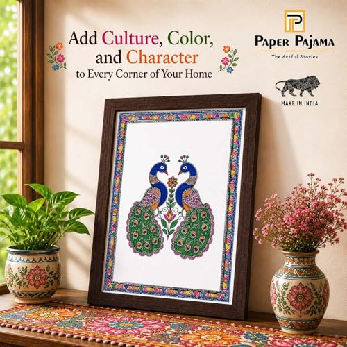 Image of PAPER PAJAMA Peacock Pair Wall Art for Living Room | Madhubani Peacock Painting | Traditional Indian Folk Art Bird Artwork Framed Decor for Home, Bedroom & Office (10x13 Inches)