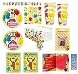Curious George Birthday Party Supplies Bundle includes 16 Lunch Plates, 16 Napkins, 16 Cups, 1 Table Cover, 1 Birthday Banner, 16 Party Invitations, 1 Cake Decoraion with Candles