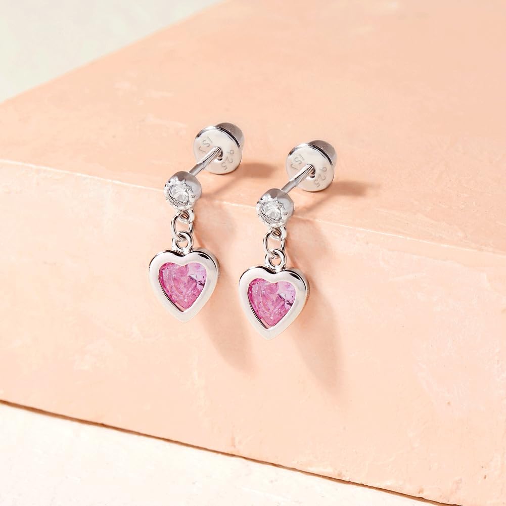In Season Jewelry CZ Dangle Heart Kids Earrings - 925 Sterling Silver Hypoallergenic Earrings for Girls with Secure Screw Backs - Safe & Comfortable for Toddlers, Kids & Little Girls - Image 5