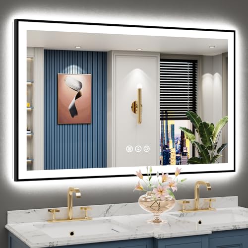 Image of 50x32 Black Framed LED Bathroom Mirror with Lights, Backlit and Front Lit Anti-Fog Lighted Vanity Mirror for Bathroom Wall, Dimmable, 3 Colors, Memory, Shatter-Proof, HD Tempered Glass, CRI 95