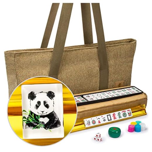 Yellow Mountain Imports American Mahjong Set, Panda Tiles with Tawny Brown Fabric Case - 4 All-in-One Racks with Pushers, Dice, Wind Indicator & Wright Patterson Scoring Coins
