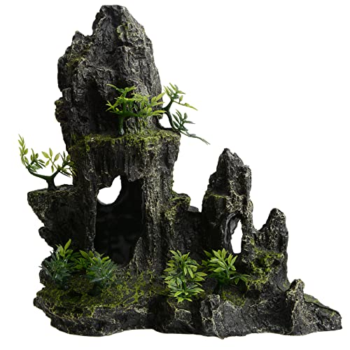 Penck Large Fish Tank Decorations Aquarium Rocks Aquascaping Mountain View Stone Rock Decor Resin Betta Hiding Cave Shrimp Fish Hideout Ornaments With Small Plants, 11 Inch Tall #TOP10