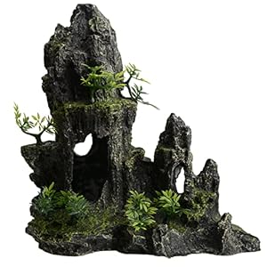AnRui Large and Tall Aquarium Mountain View Stone Decorations Resin Betta Rock Aquascaping Hiding Cave Ornaments Fish Tank Accessories Decorations with Small Plants
