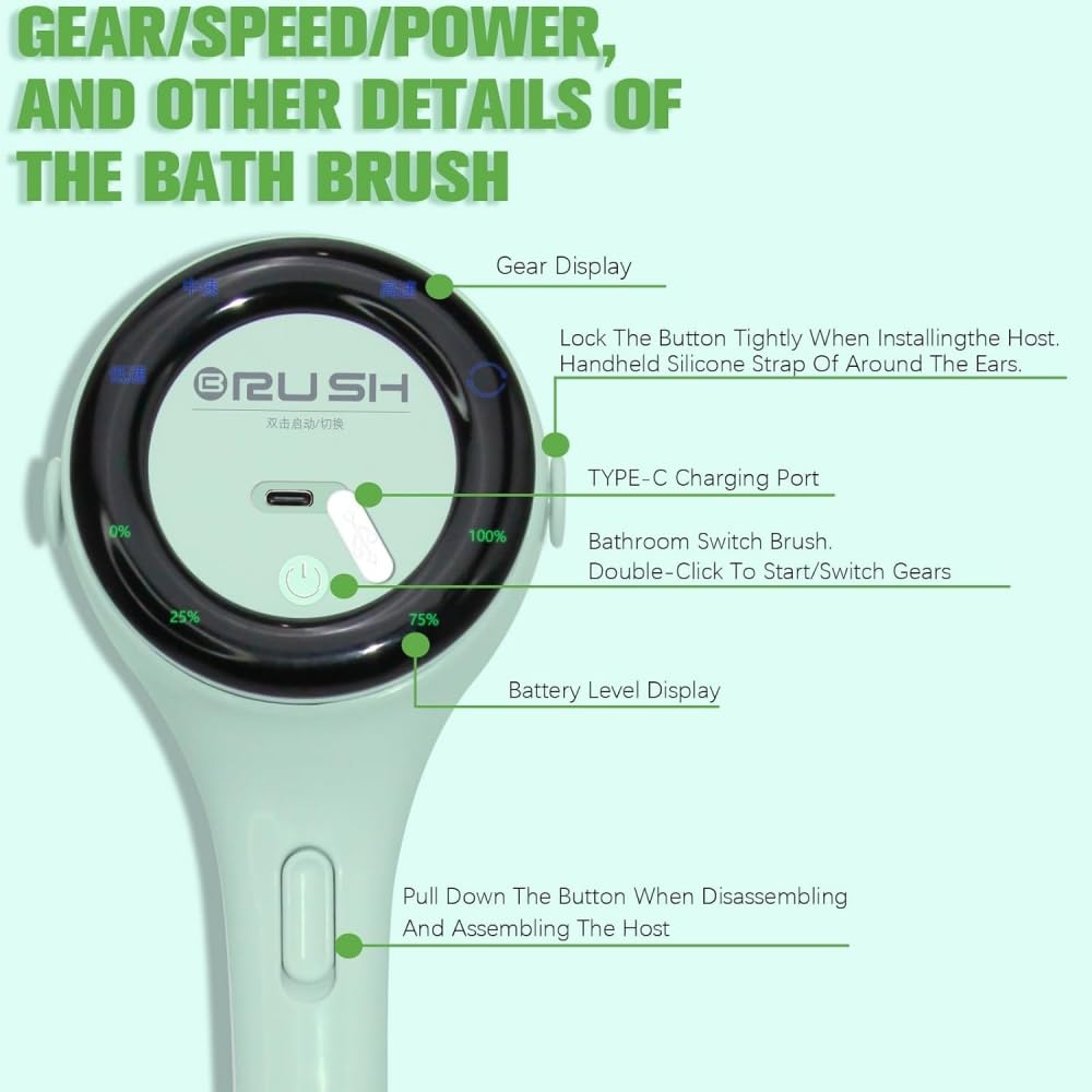 Spazzola elettrica per il corpo, scrubber per la schiena, impermeabile, con manico lungo, 5 teste, spazzola da bagno ricaricabile e 3 tipi di scrub per il corpo veloce, per la pulizia, il massaggio e