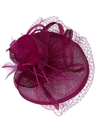 VIJIV Women Vintage Derby Fascinator Hat with Veil Pillbox Headband Feather Cocktail Tea Party Rose Red
