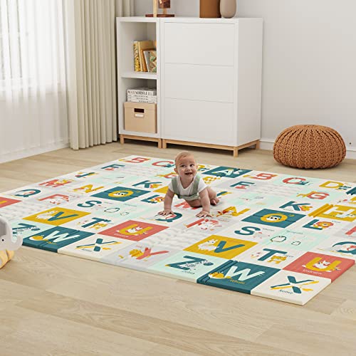 Dripex Baby Play Mat, Large Foam Crawling Playmat, Foldable Reversible Waterproof Non Toxic Portable Floor Mat with Letters and Numbers for Babies 197×177×1cm