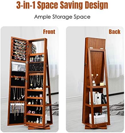 COSTWAY 3-in-1 Jewelry Cabinet, Lockable Jewelry Armoire Storage Unit with Full Length Mirror and Display Shelf, Home Bedroom Dressing Room Cosmetics Jewellery Organiser (360° Swivel Brown)