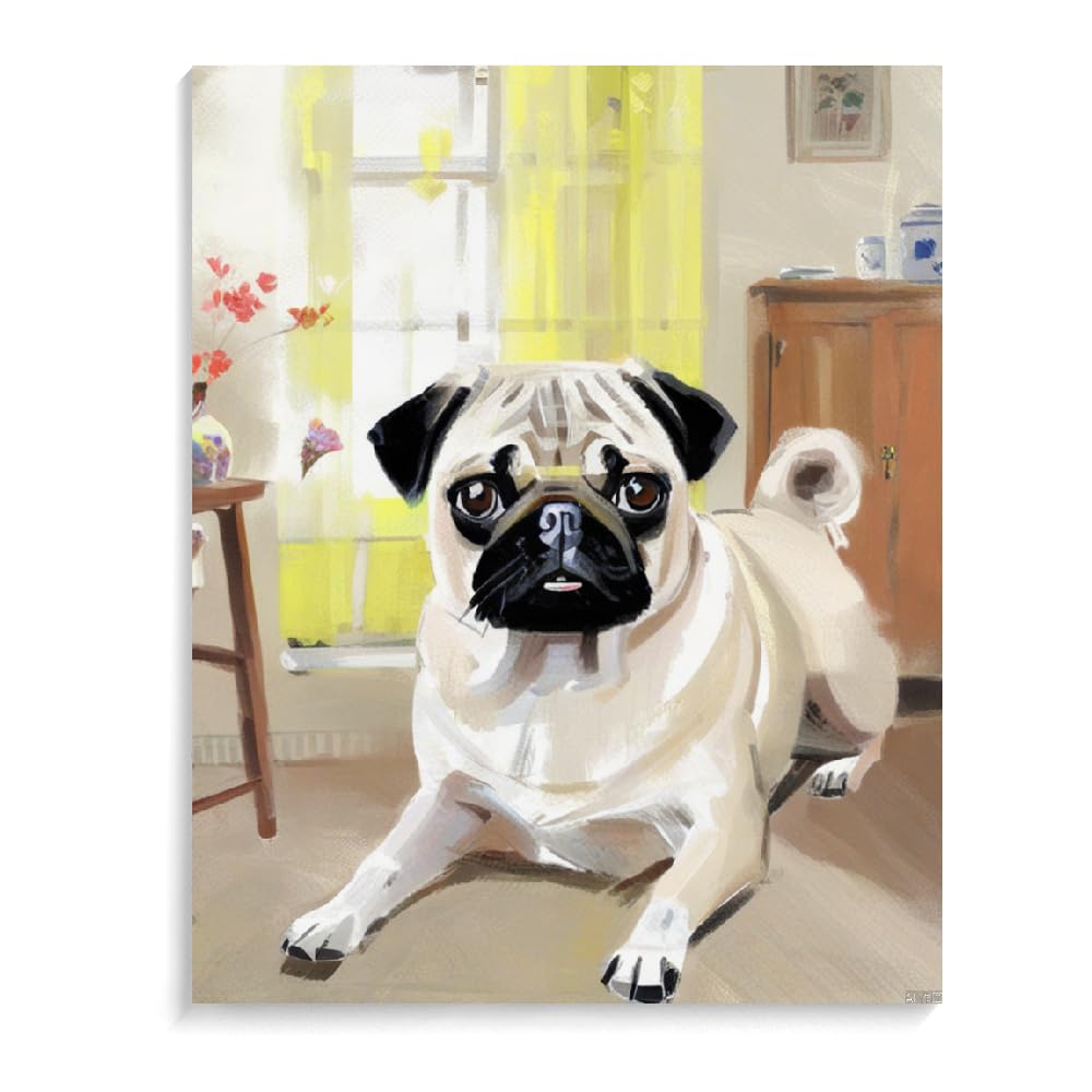 Paint by Numbers Pug Dog DIY Acrylic Painting Kit with Brushes Pigment Oil Painting Artwork Adults Beginners Wall Decor 12x16inch(30x40cm) Frameless