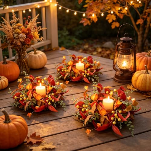 Image of 6 PCS Fall Candle Ring Wreaths Artificial Autumn Candle Holder Wreath | Thanksgiving Candle Ring with Berries Eucalyptus Forsythia for Farmhouse Harvest Pillar Candles Table Centerpiece Decor