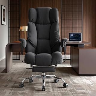 Efomao Chaise de Bureau 200 kg, Fauteuil de Direction Robuste en Tissu avec Repose-Pieds, Chaise d'Ordinateur Ergonomique à Haut Dossier, Siège de Télétravail Inclinable avec Rembourrage Épais (Noir)