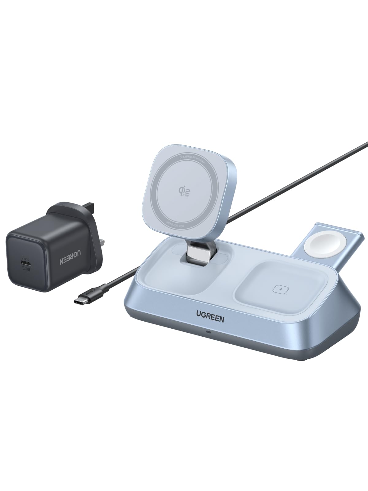 UGREEN 25W 3-in-1 Foldable Magflow Wireless Charger, Qi2 Magsafe Travel Charger for iPhone 17/16/15/14/13/12 AirPods and Apple Watch, Ultra-Compact Pocket-Size Charging Pad