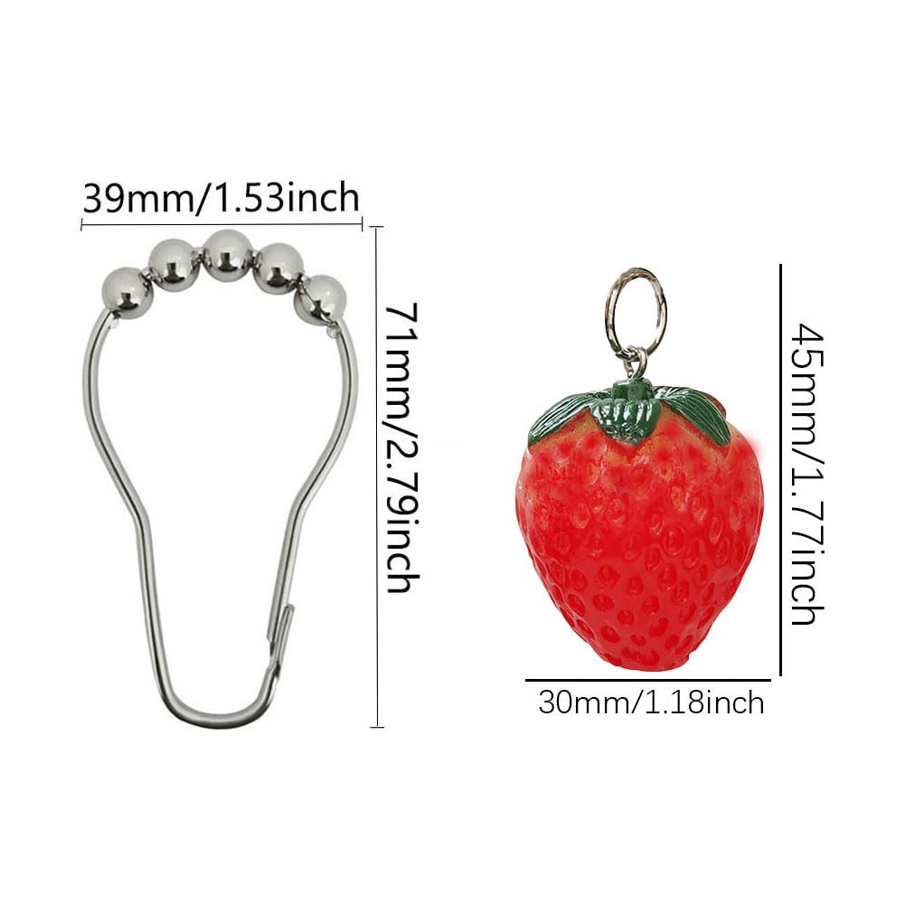 Strawberry Shower Curtain Hooks Rings for Bathroom, 12 Pcs Rust Proof Stainless Steel Decorative Shower Hook for Resin Strawberry Theme Bathroom Bathtub Shower Rod Decor, Home Curtain Hanger