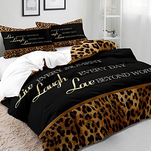 Vivihome 3Pcs Leopard Print Duvet Cover Queen Set, Live Laugh Love Motivational Quotes Brown Cheetah Black Bedding Set Comforter Cover Modern Bedroom Decor Inspirational Gifts For Women, 2 Pillowcases #TOP2