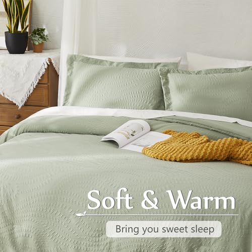 Image of Geniospin Full Size Comforter Set - 7 Pieces Textured Sage Green Bedding Sets, Boho Shabby Chic Comforter Set, All Season Comfortable Bed in a Bag with Comforter, Sheets, Pillowcases & Shams