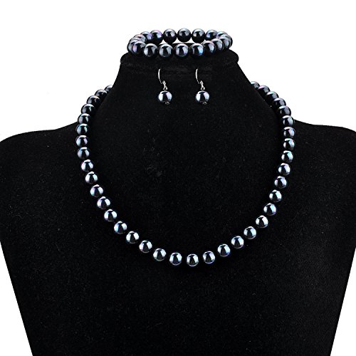 Lureme® Fashion Style Pearl Elastic Necklace Bracelet Dangle Earring Set-Black(09000649-5) #TOP1