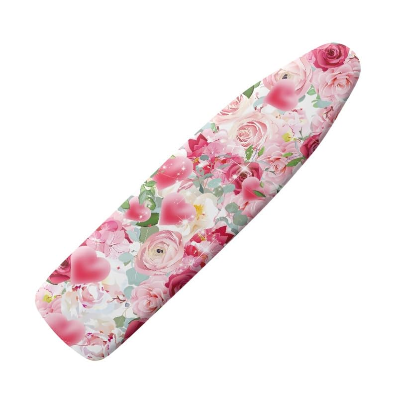 Daulesho Pink Rose Flower Ironing Board Cover Watercolor Valentine's Day Roses 15x 54 Elastic Edges Non-Slip Iron Board Cover Heart Balloon 3 Hook and Loop Fastener Strap