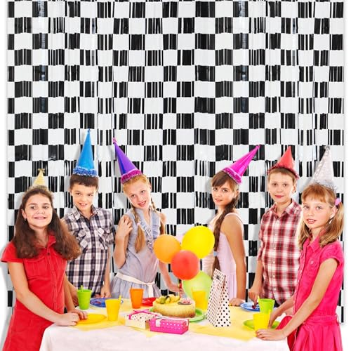 Image of WovWeave 2 Pack Race Car Foil Fringe Curtains Black and White Checkered Backdrops Streamers Cars Birthday Party Decorations Photo Booth Props for Racing Car One Happy Dude Party Decorations Supplies